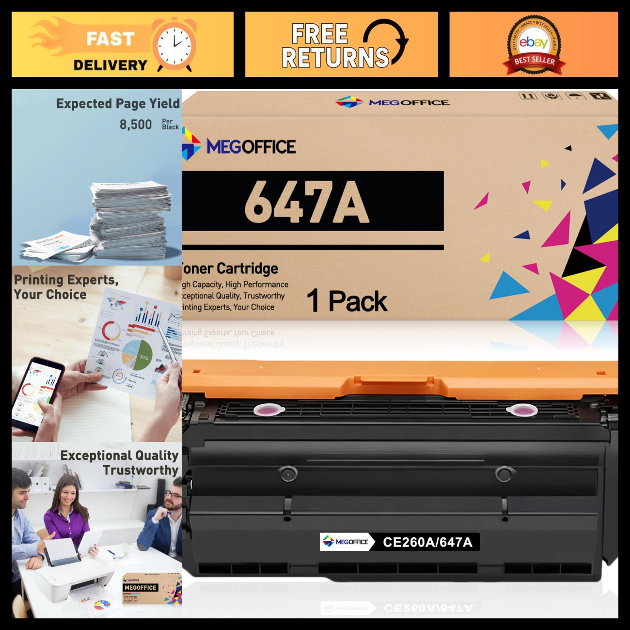 High-Yield Black Toner Cartridge CE260A Compatible for HP 647A - Quality Print