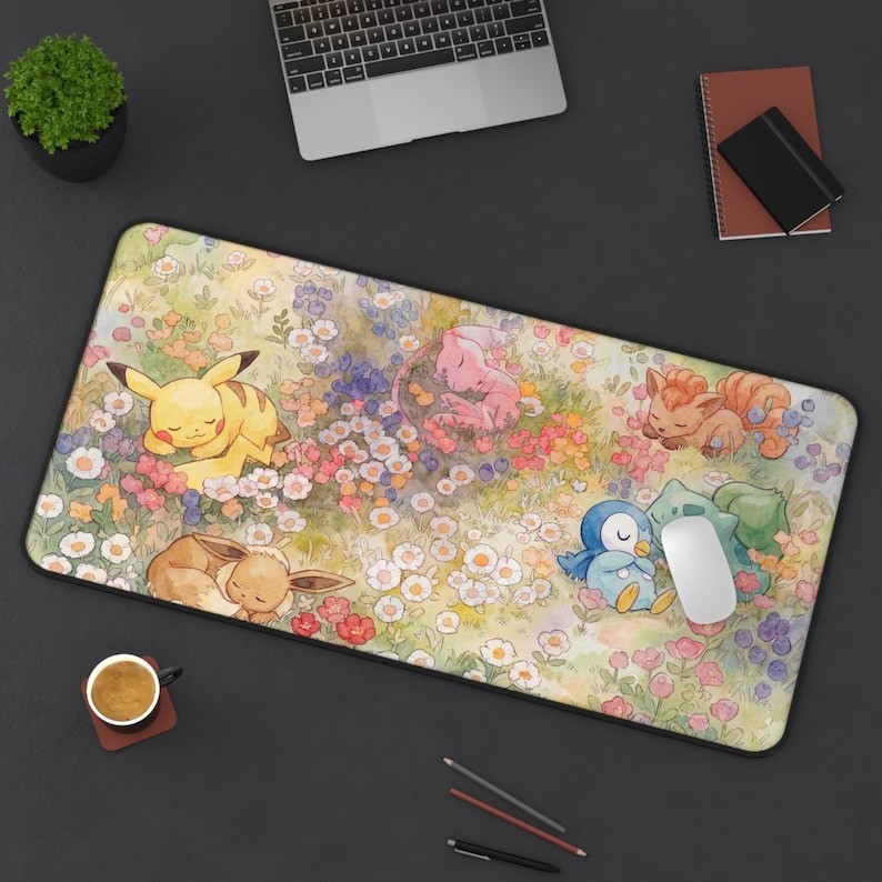 Sleeping Pokémon Meadow Desk Mat | Pikachu, Eevee, Mew Floral Desk Accessories