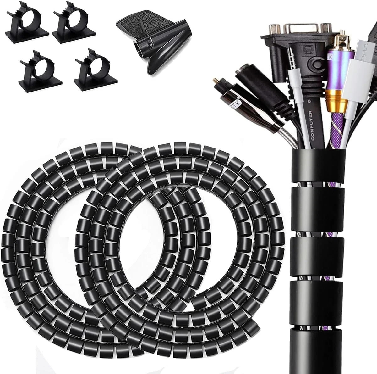 Large PC Cable Management Tube Sleeve under Desk Wire Organizer for Cords 2 PCS
