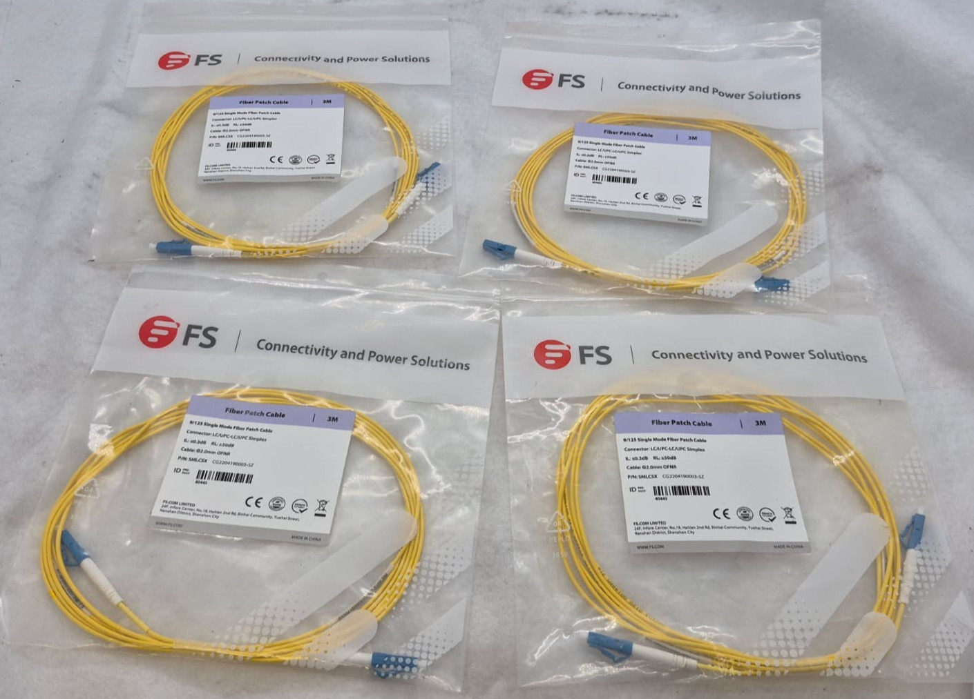 Lot of 4 FS SMLCSX 9/125 Single Mode Fiber Patch Cable 3M