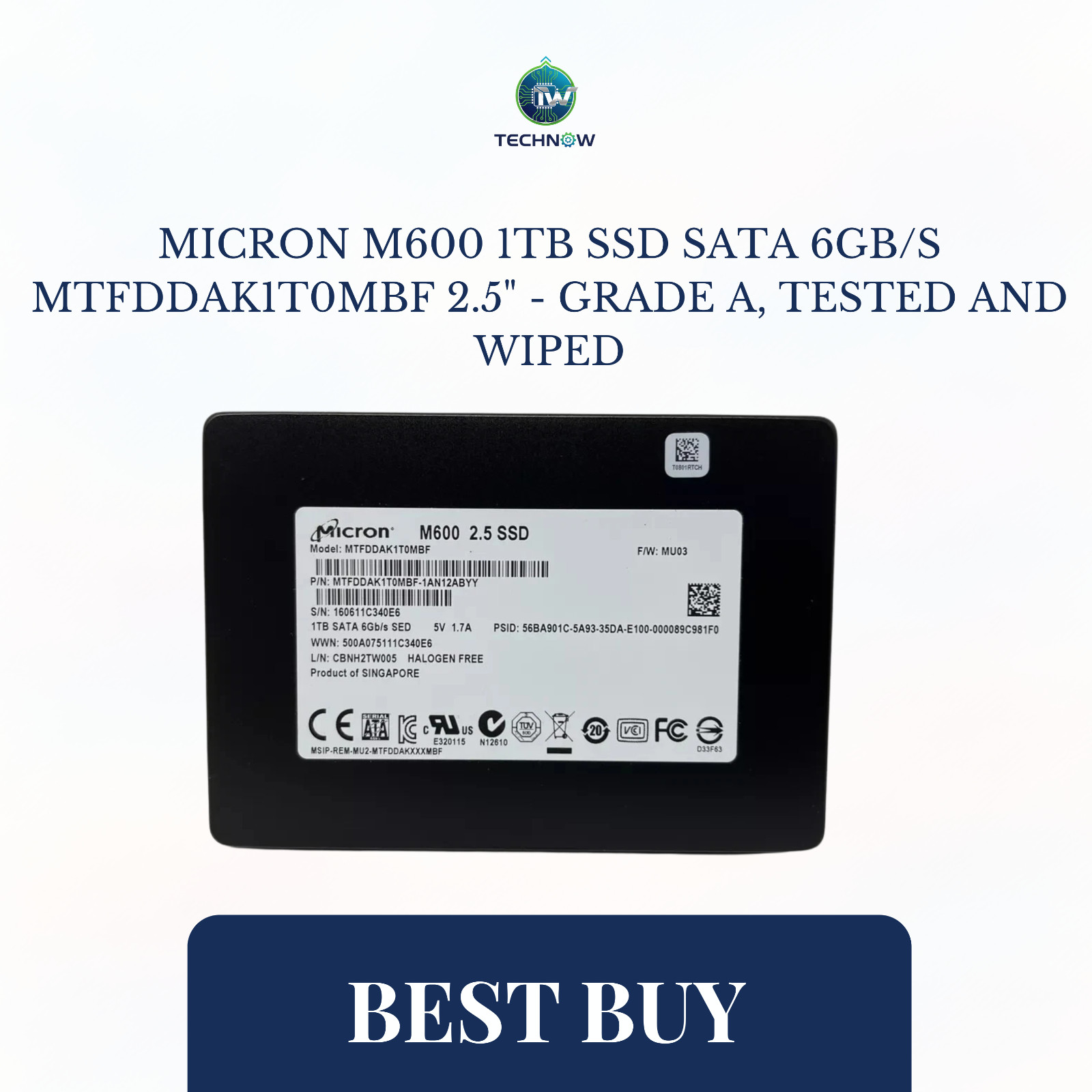 Micron M600 1TB SSD SATA 6Gb/s MTFDDAK1T0MBF 2.5" - GRADE A, TESTED AND WIPED