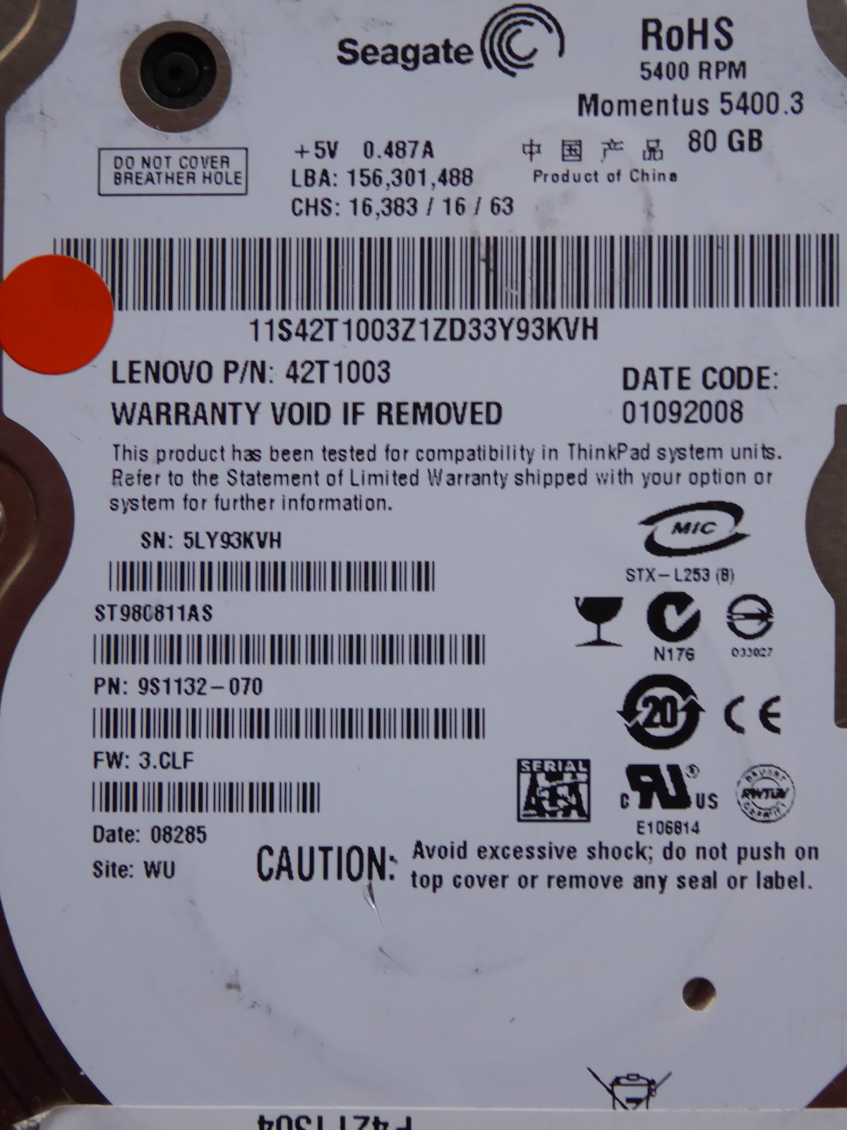 Seagate ST980811AS / 9S1132-070 / 3.CLF / WU / 100398689 REV C - 80GB Hard Disk