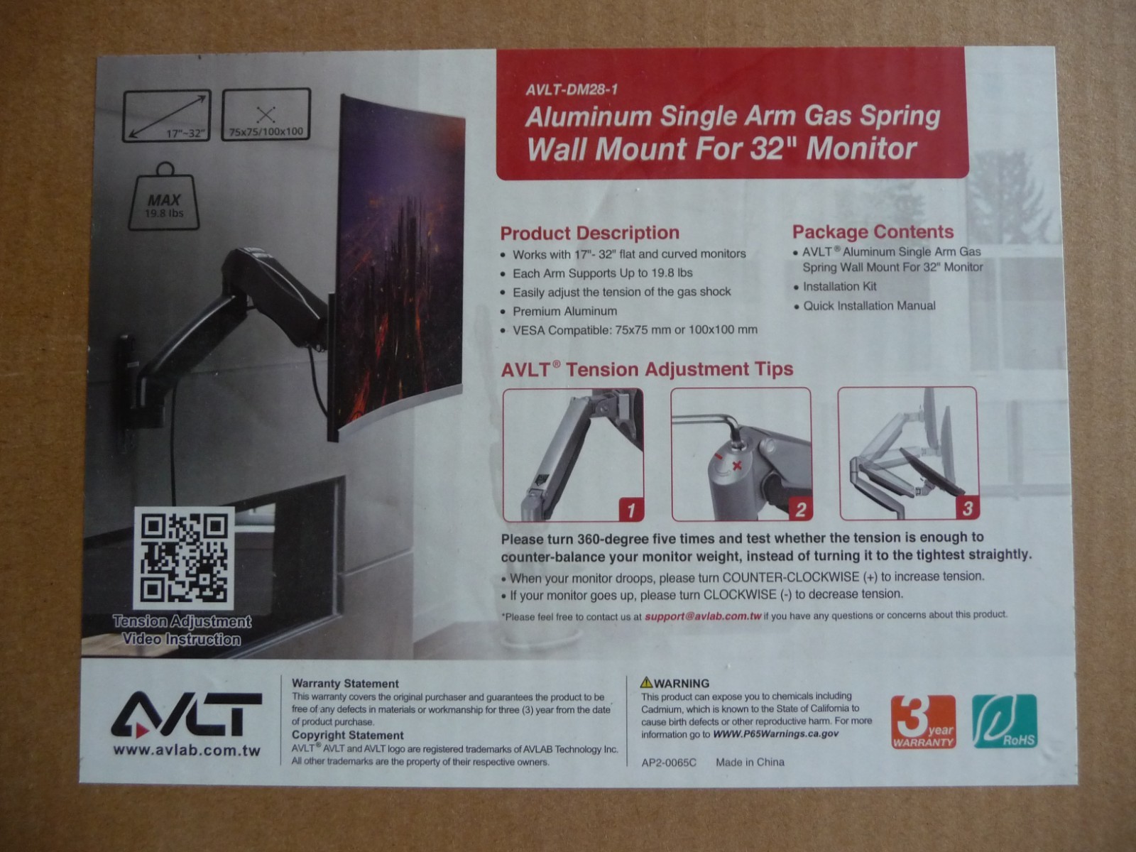 AVLT Single -32" Single Arm Gas Spring Wall Monitor Mount AVLT-DM28-1