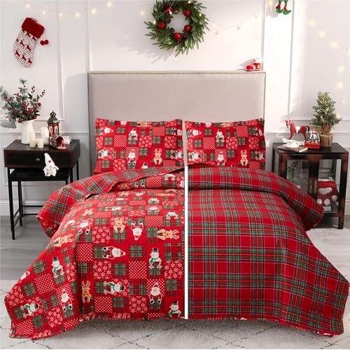 Red Plaid Merry Christmas Quilt Set with Gift Box, Full/Queen Multicolor