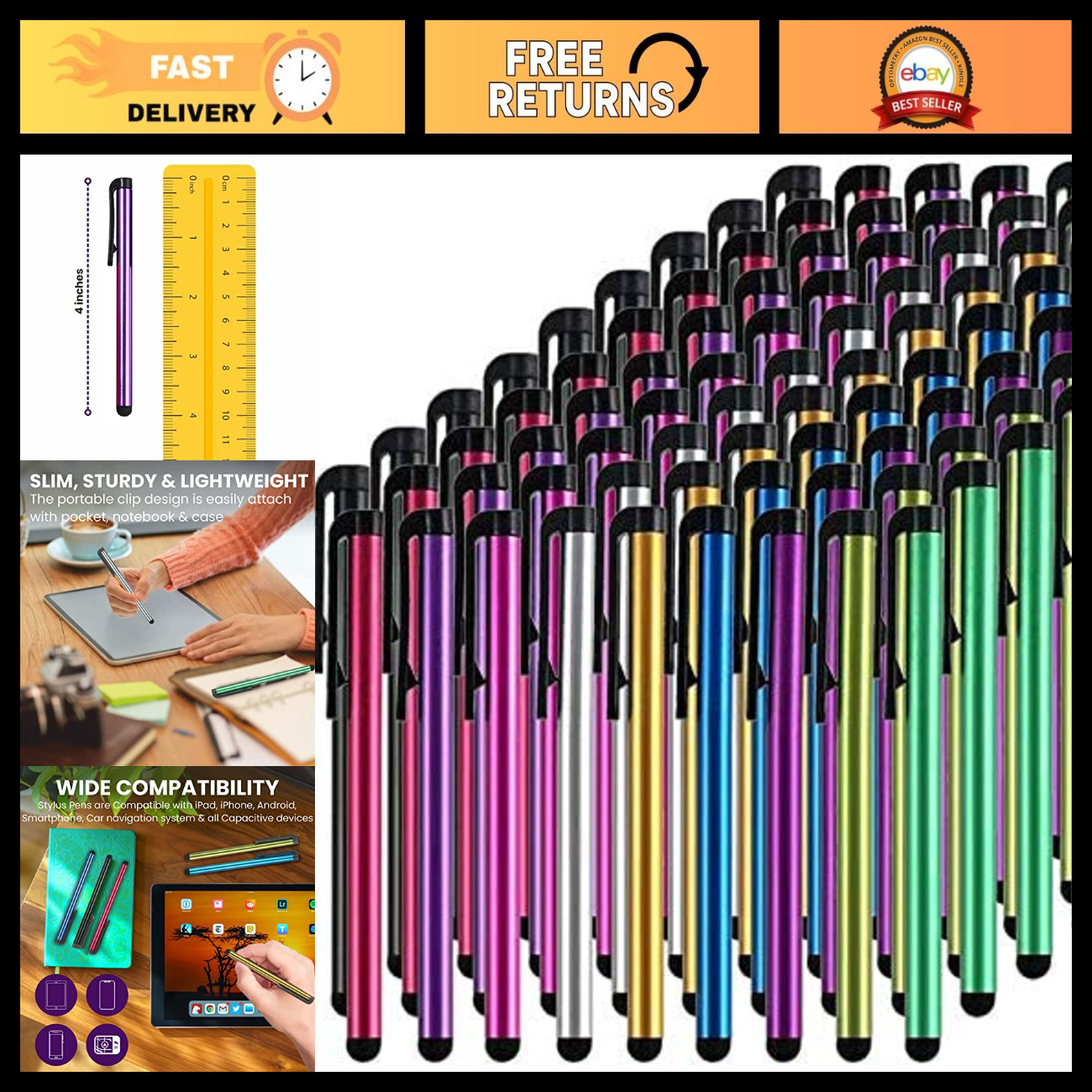 100 Pack Stylus Pens for Touch Screen Devices - Thick Rubber Tip, Multi-Color