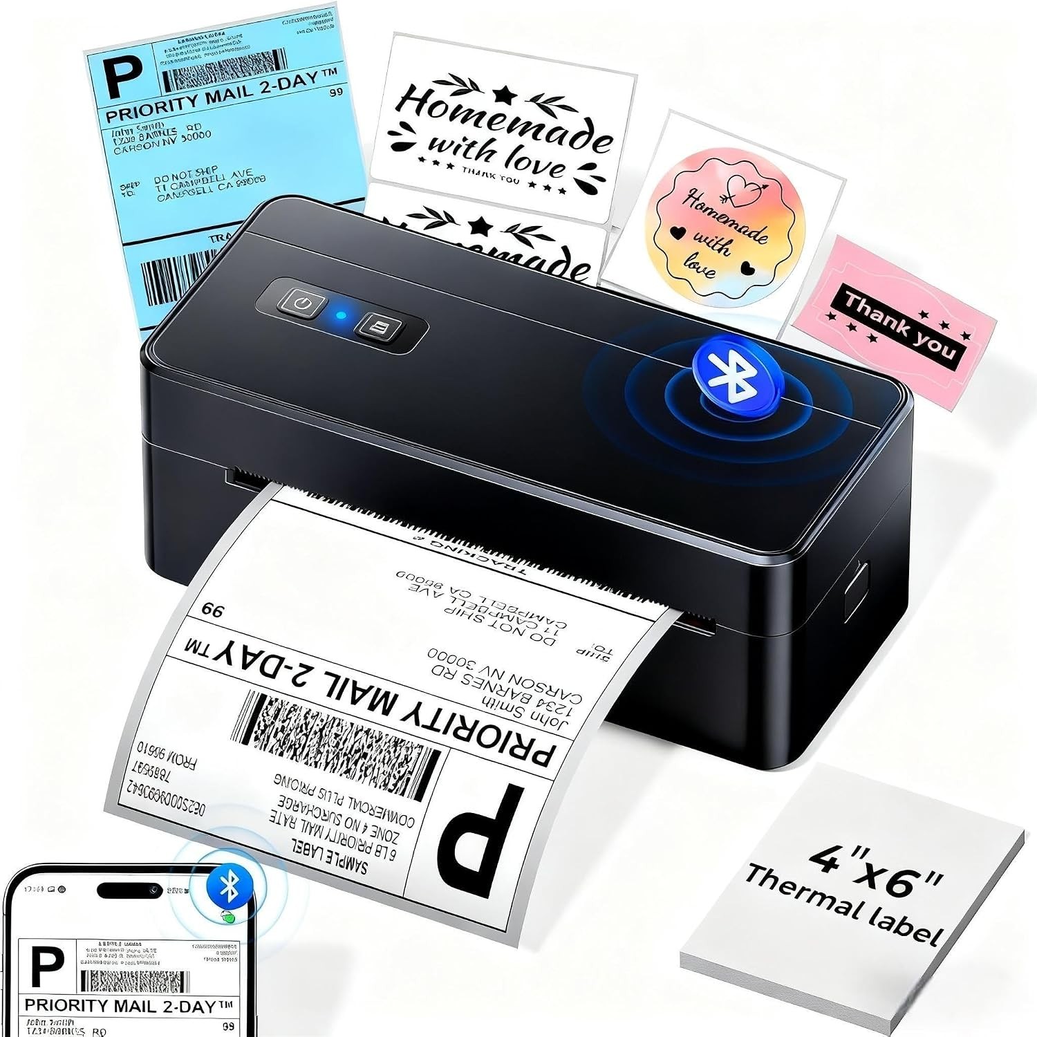 Bluetooth Thermal Shipping Label Printer, 2410BT 4x6 Label Printer for Small ...