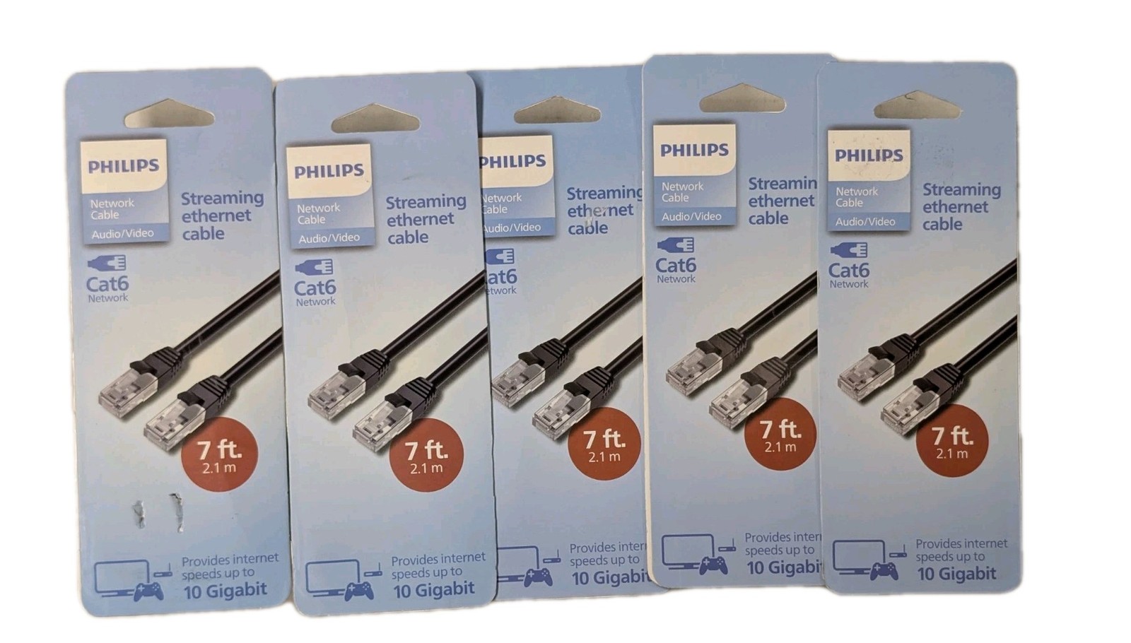 (Lof of 5) Philips Cat6 7ft Ethernet Networking Cable 10 gigabit Streaming Cable