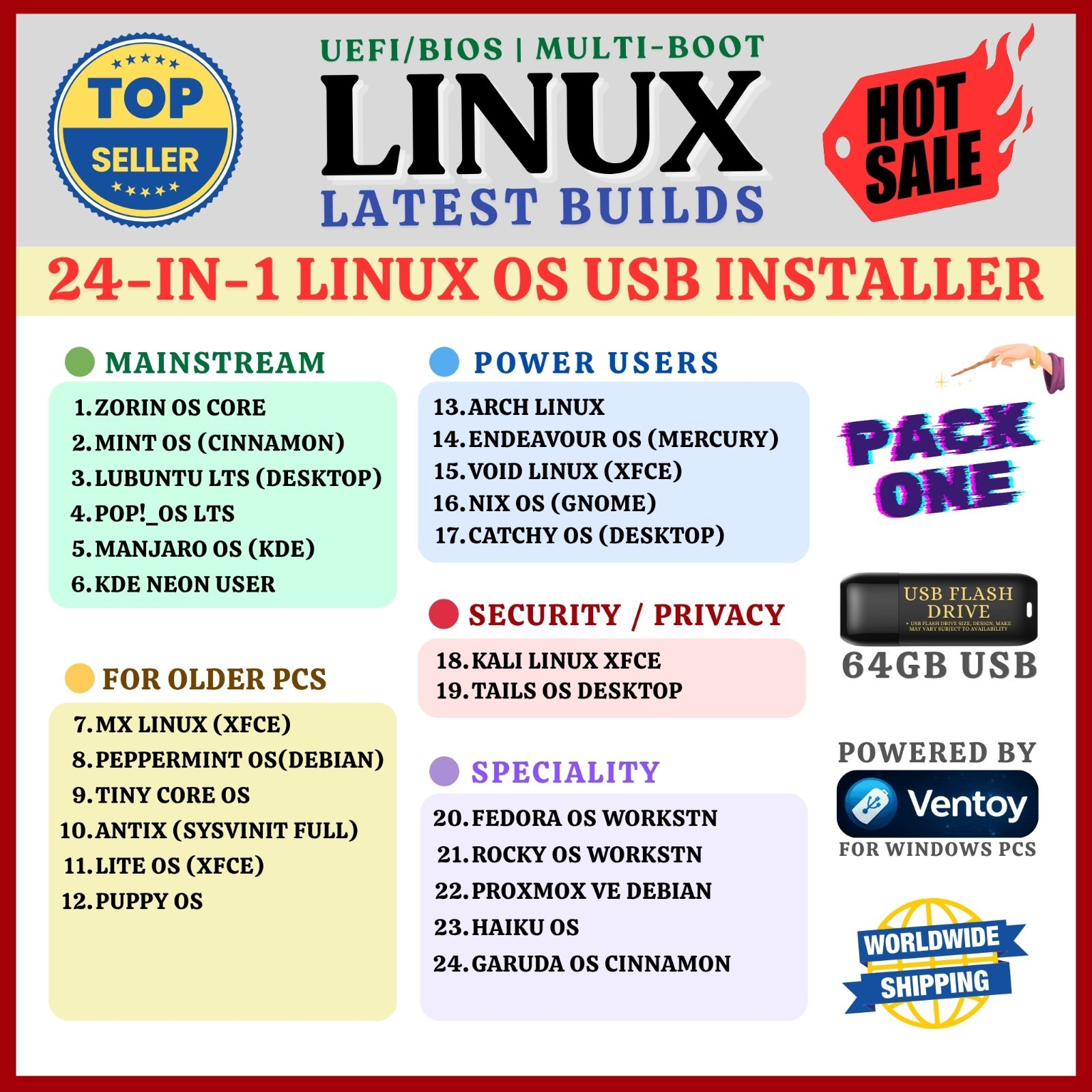 24 LINUX DISTROS MASTER USB COLLECTION 2026 64GB MULTI-BOOT, UEFI/BIOS | PACK #1