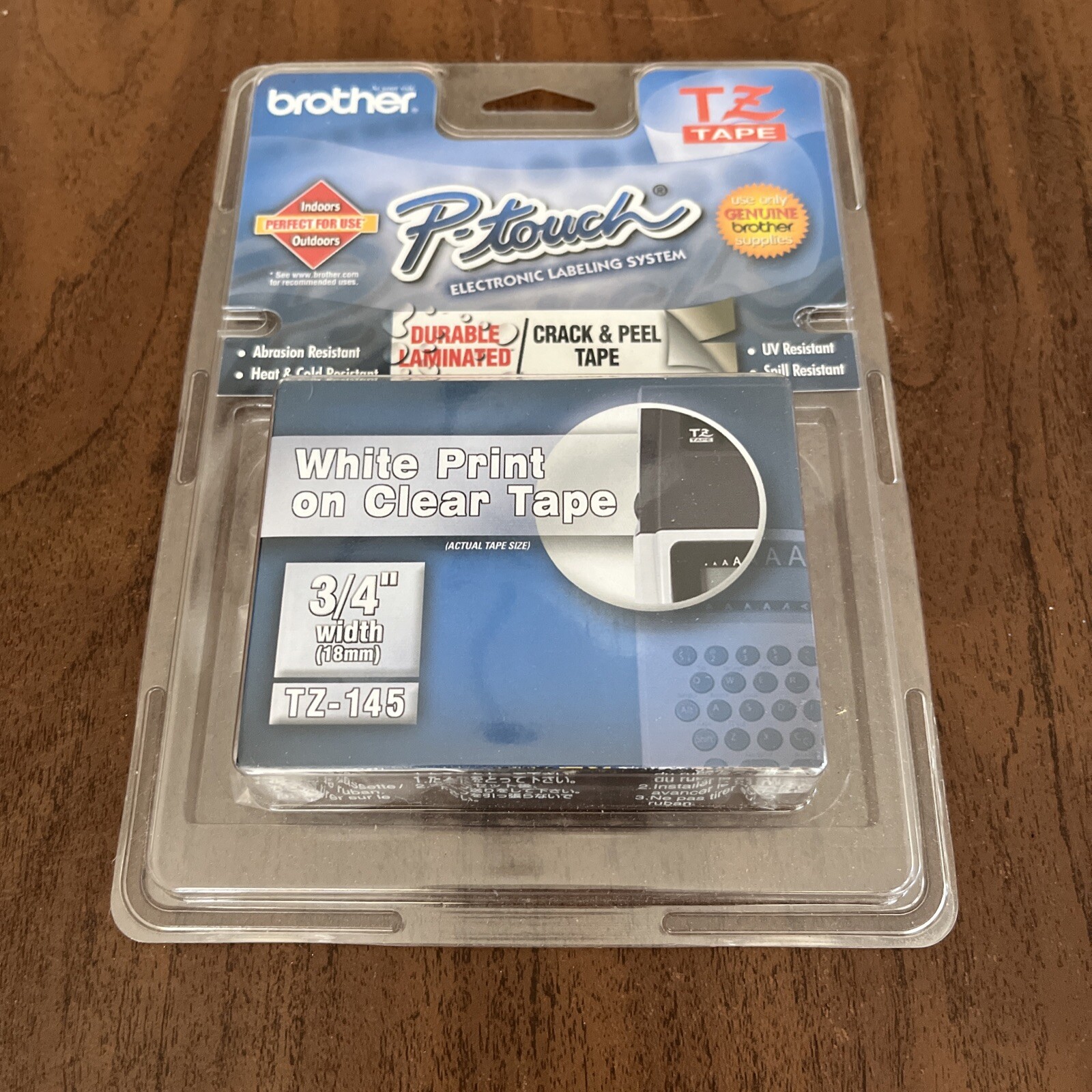 **Genuine** BROTHER TZ-145 / 3/4" White on Clear Tape Cassette / NEW