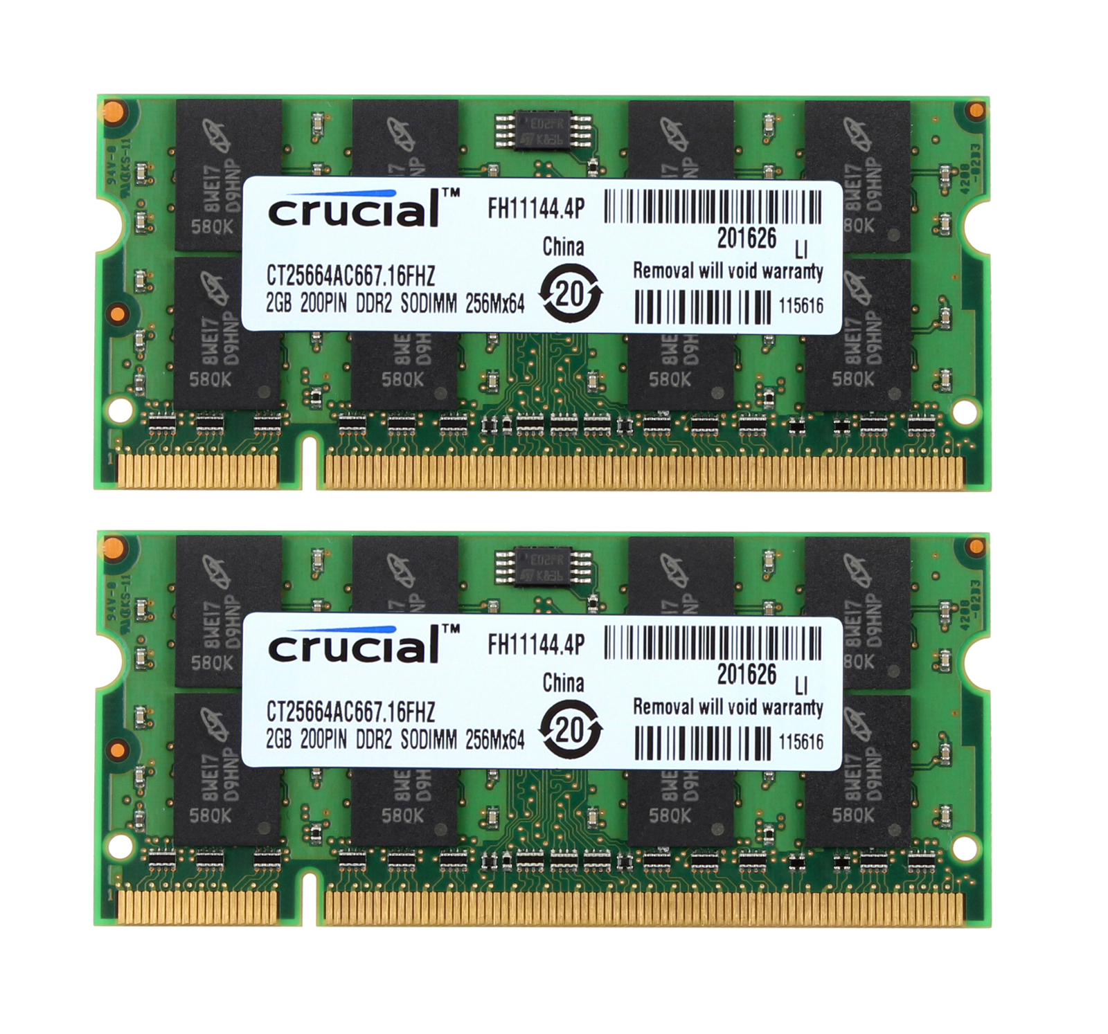 Crucial 4GB 2x2GB PC2-5300 DDR2-667Mhz 200pin Laptop SODIMM Memory RAM PC2-5300