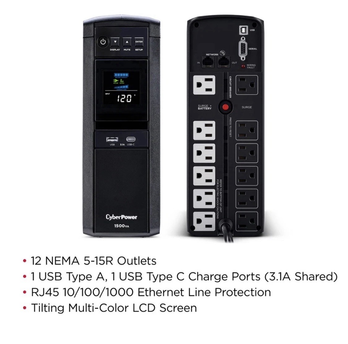 CYBERPOWER GAMING 1500VA 12 OUTLETS LCD UPS - BLACK