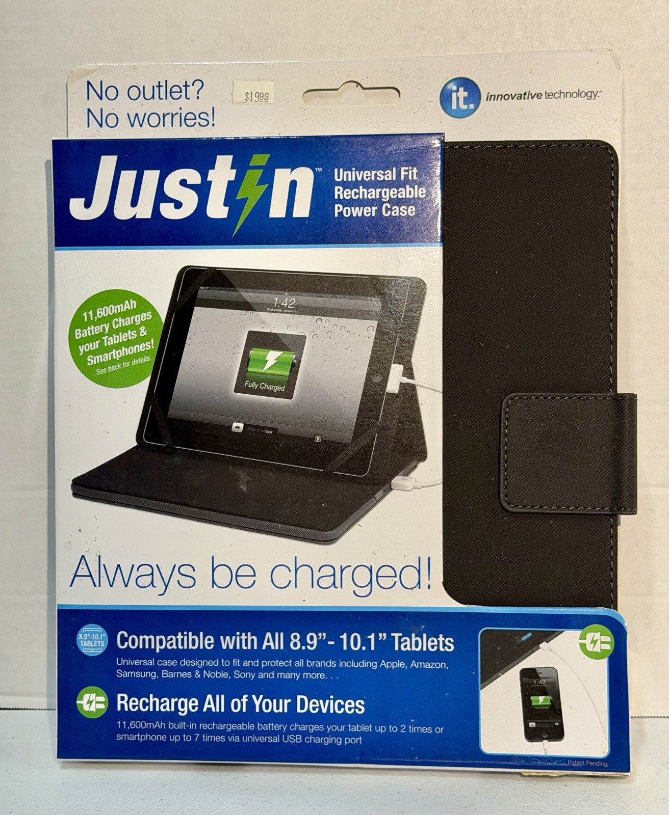 Just-in Rechargeable Power Case Universal Design for 8-9"-10.1" Tablets Ipad NEW