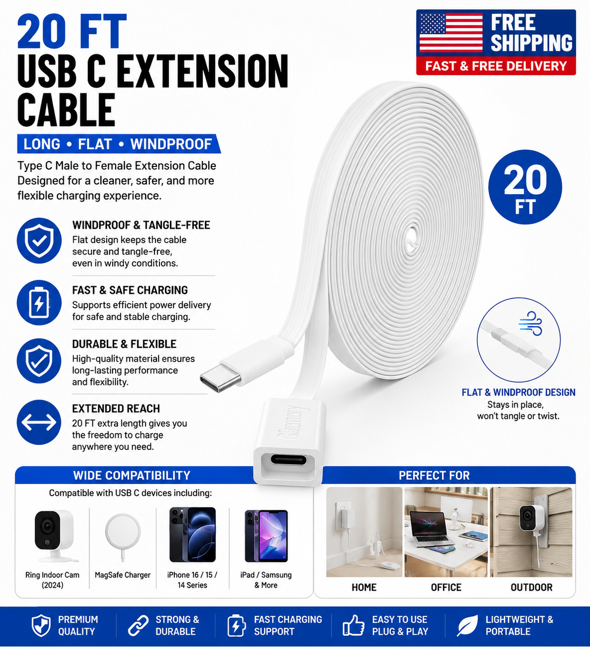 Durable 20FT Windproof USB C Male to Female Extension Cable for Smart Charging