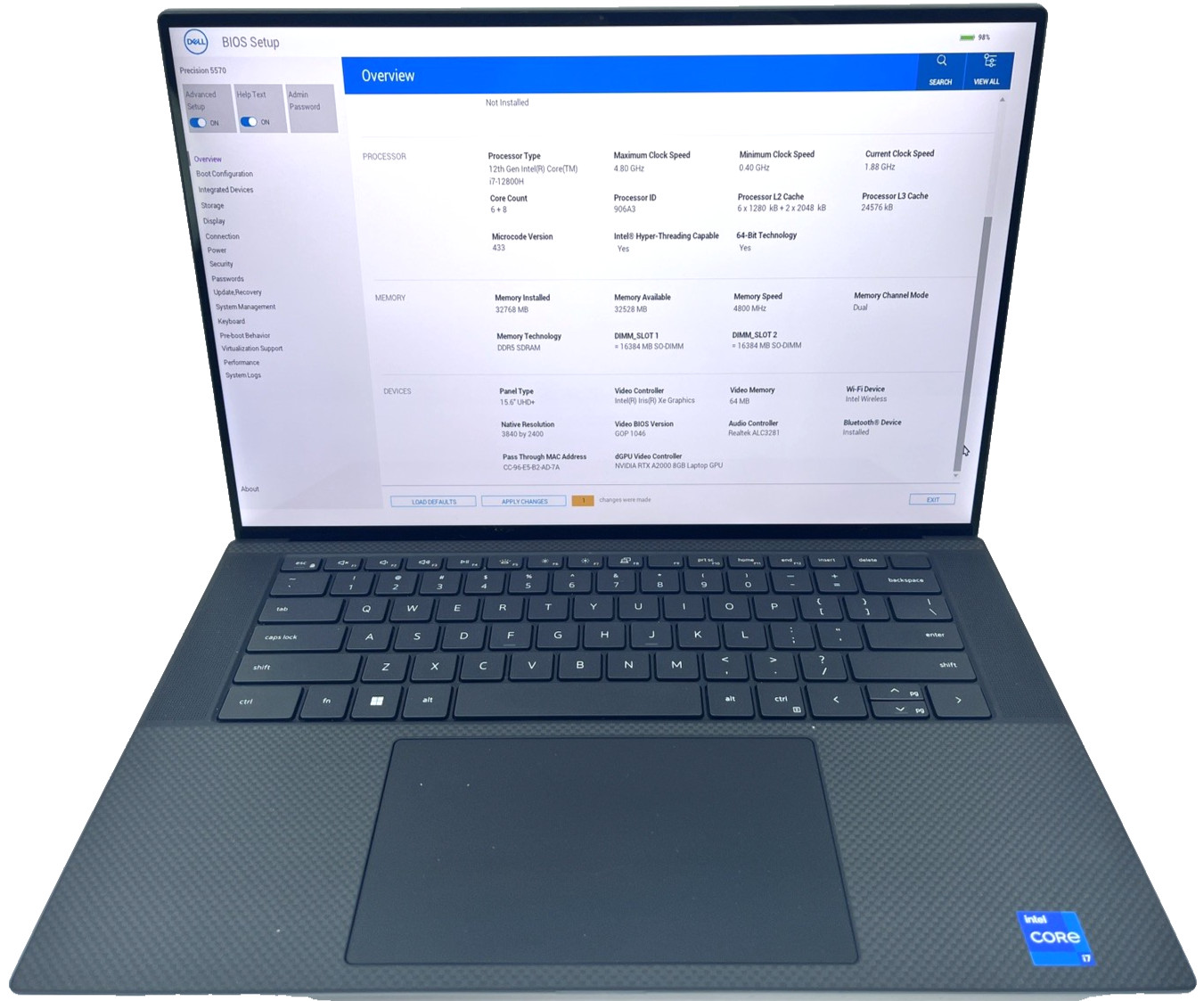 Dell Precision 5570 15" 4K Touch I7-12800H 3.70GHz 32GB NO SSD A2000 *Grade C*