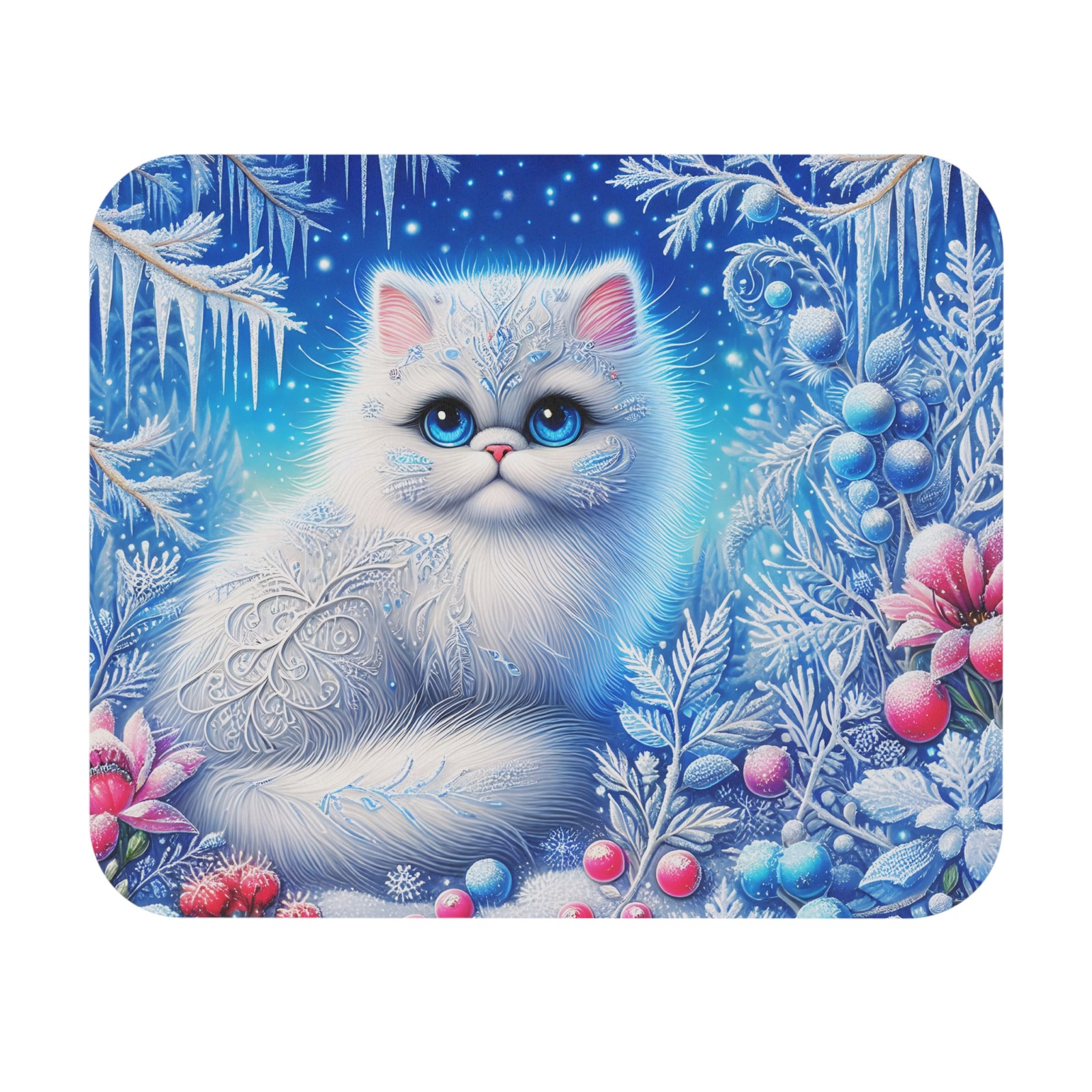 Winter White Cat Mouse Pad, Elegant Office Mat, Holiday Magical Gamer Pad