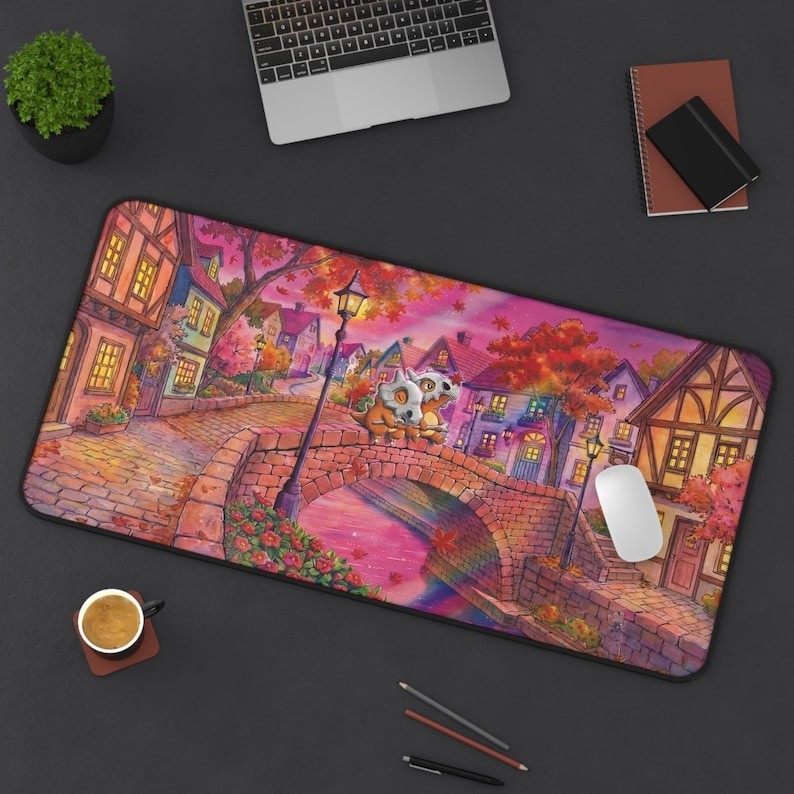 Cubone Whimsical Village Bridge Desk Mat | Pokémon Gaming Desk Mat Mouse Pad