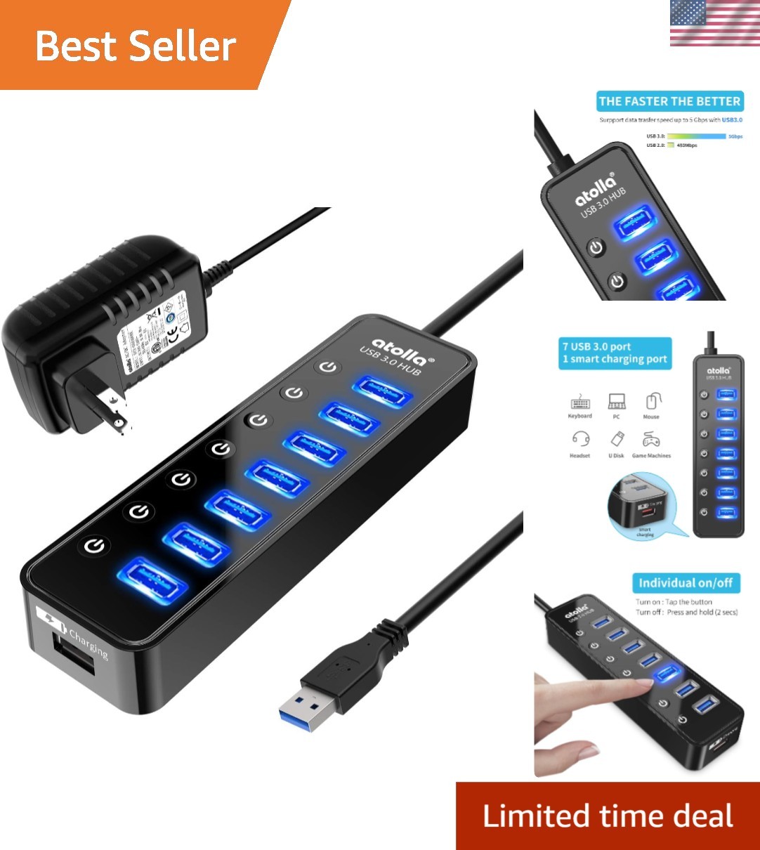 Powered USB Hub 3.0, 8-Port USB 3.0 Data Hub Splitter with One Smart Charging...