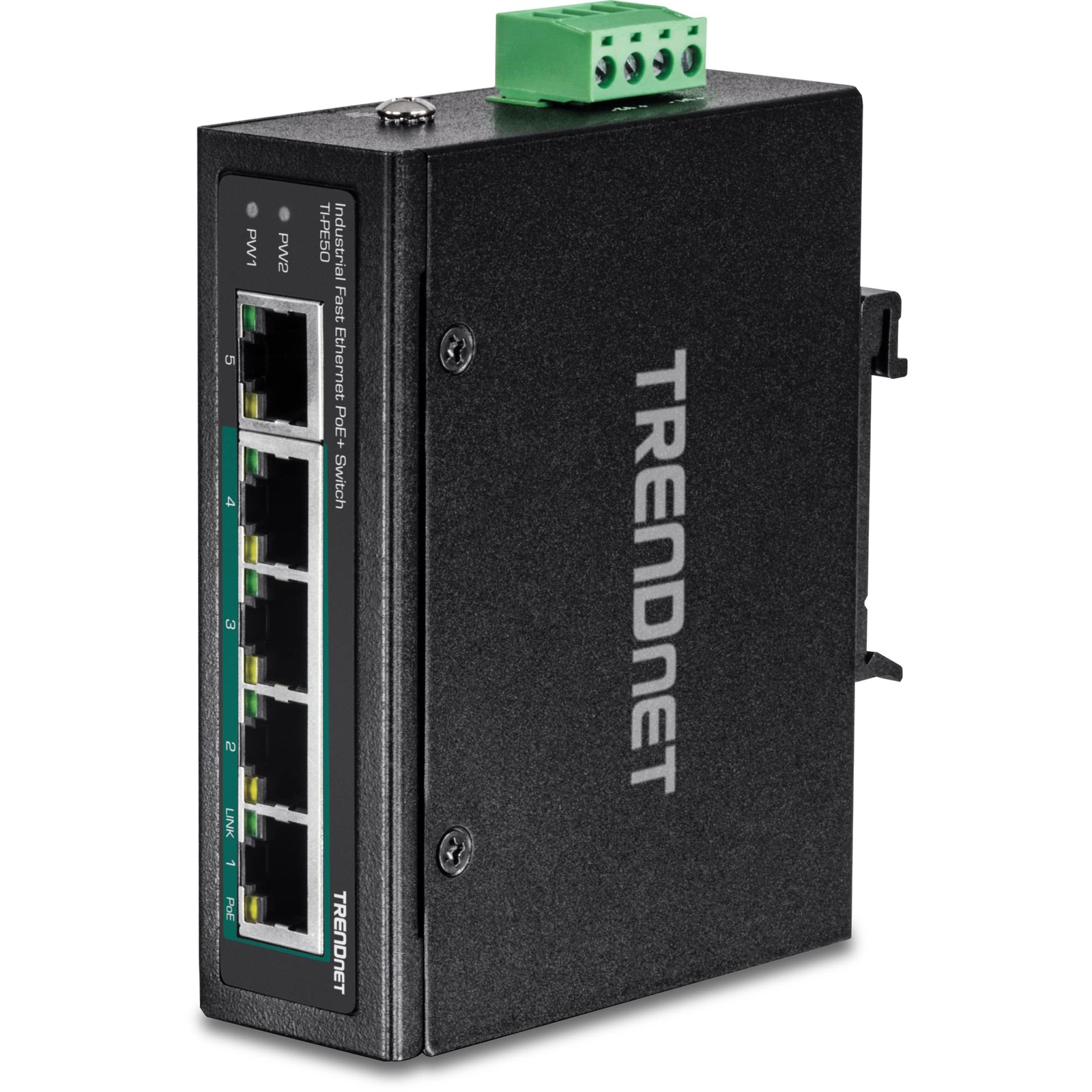 5-Port Industrial Unmanaged Fast Ethernet PoE+ DIN-Rail Switch