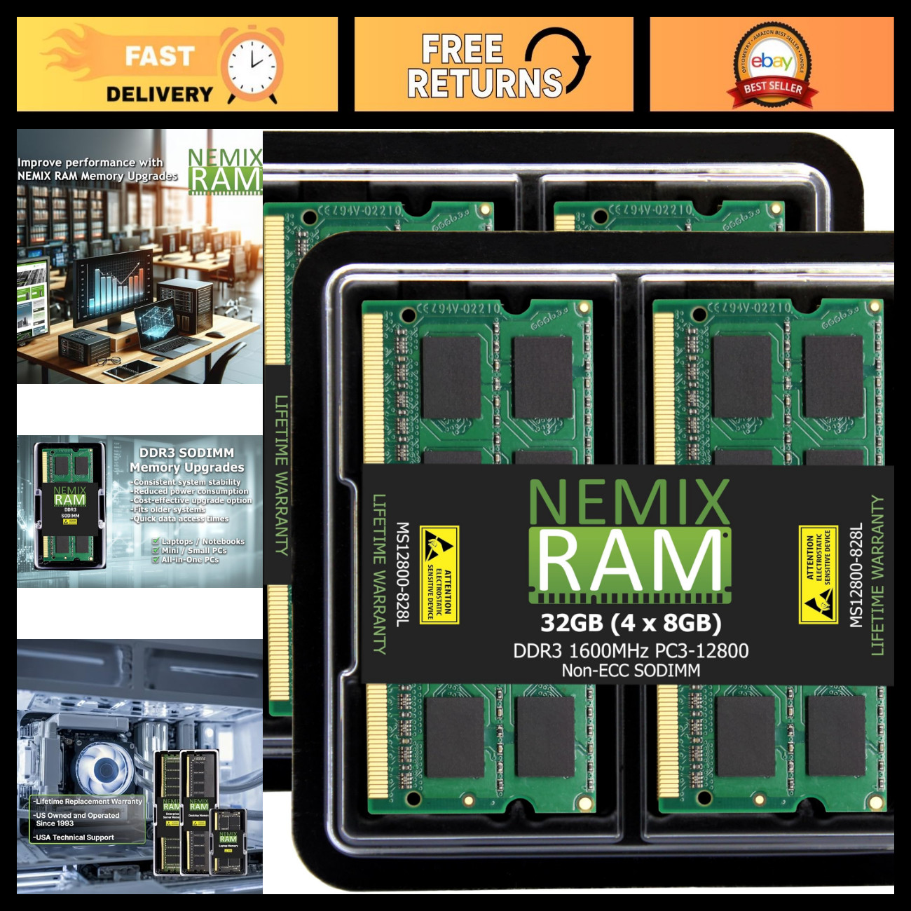 32GB DDR3 1600MHz Laptop RAM Kit (4x8GB) Non-ECC SODIMM for MacBook Pro/iMac