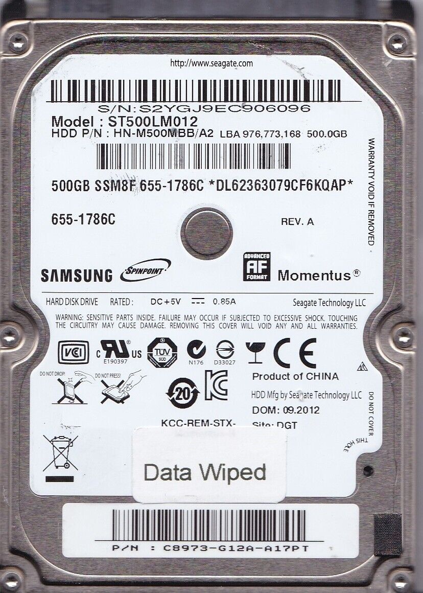 Samsung APPLE ST500LM012 pn: HN-M500MBB/A2 -G12A- sn: S2Y 09/2012 500GB SATA HDD