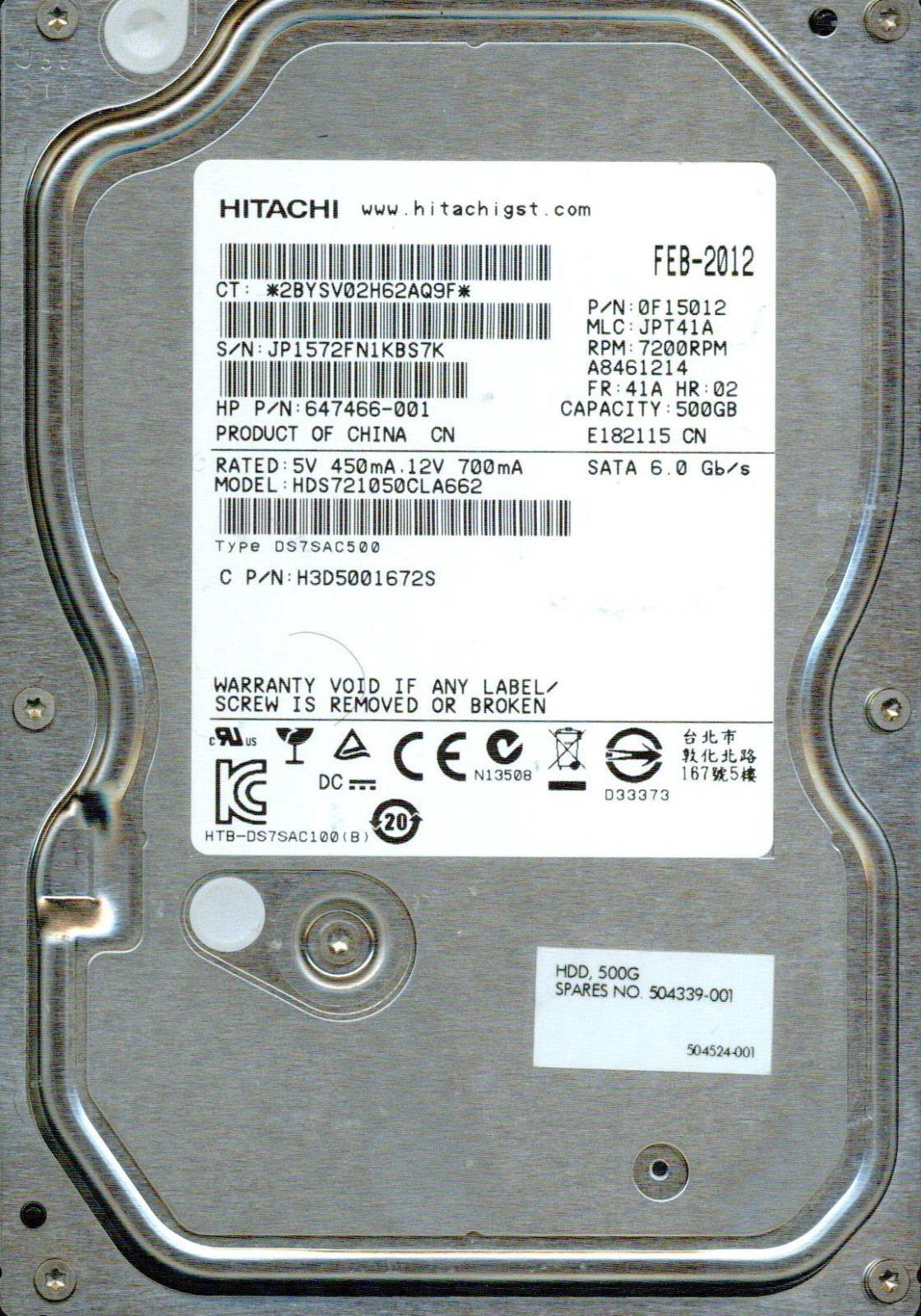 HDS721050CLA662,  P/N: 0F15012, MLC: JPT41A  HITACHI SATA 500GB