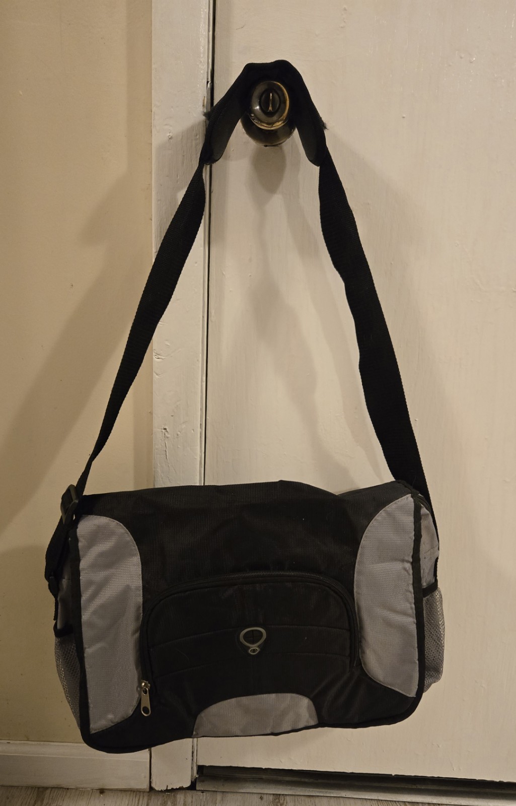 Black And Grey Messenger Bag With Adjustable Strap And Handle