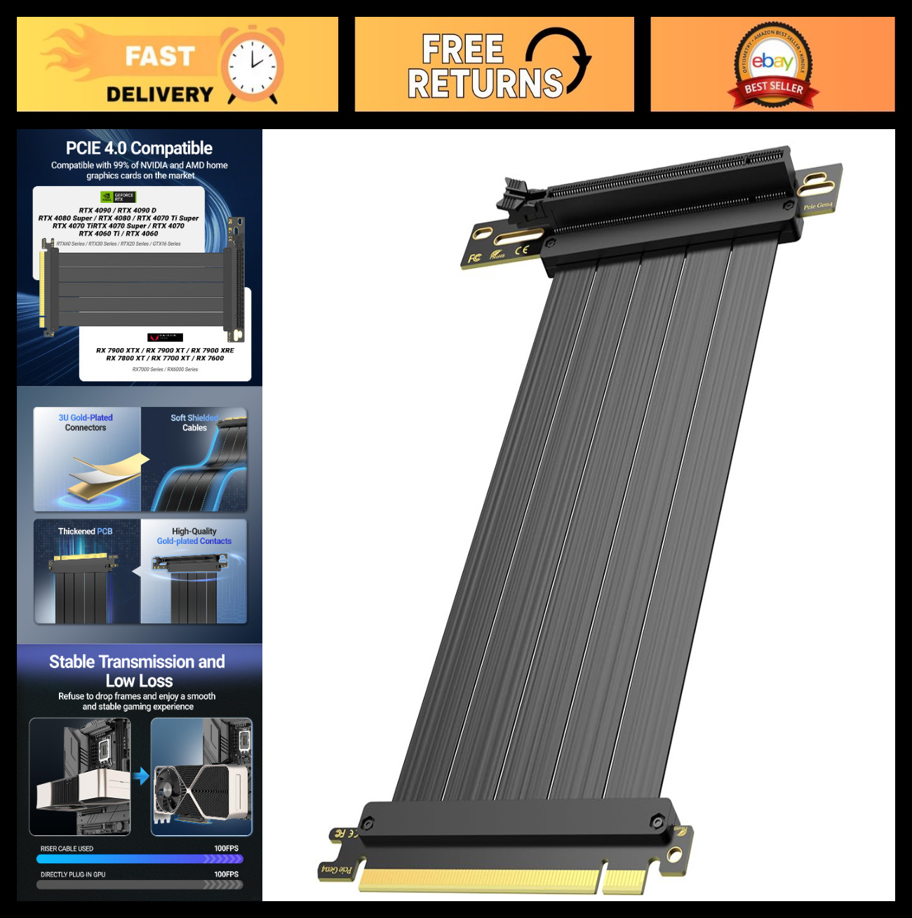 High-Speed PCIe 4.0 Riser Cable - Flexible Vertical GPU Mount for AMD & NVIDIA 2