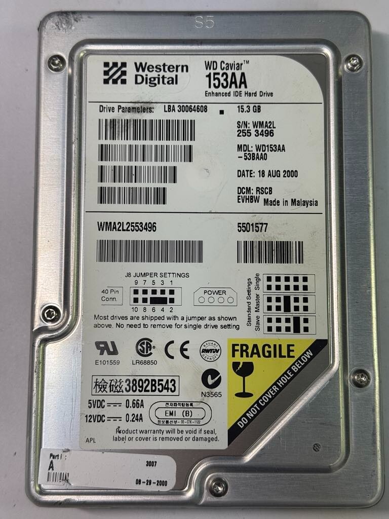 WD WD153AA-53BAA0 15.3GB 5.4K RPM 2MB Cache ATA 66 3.5" HDD