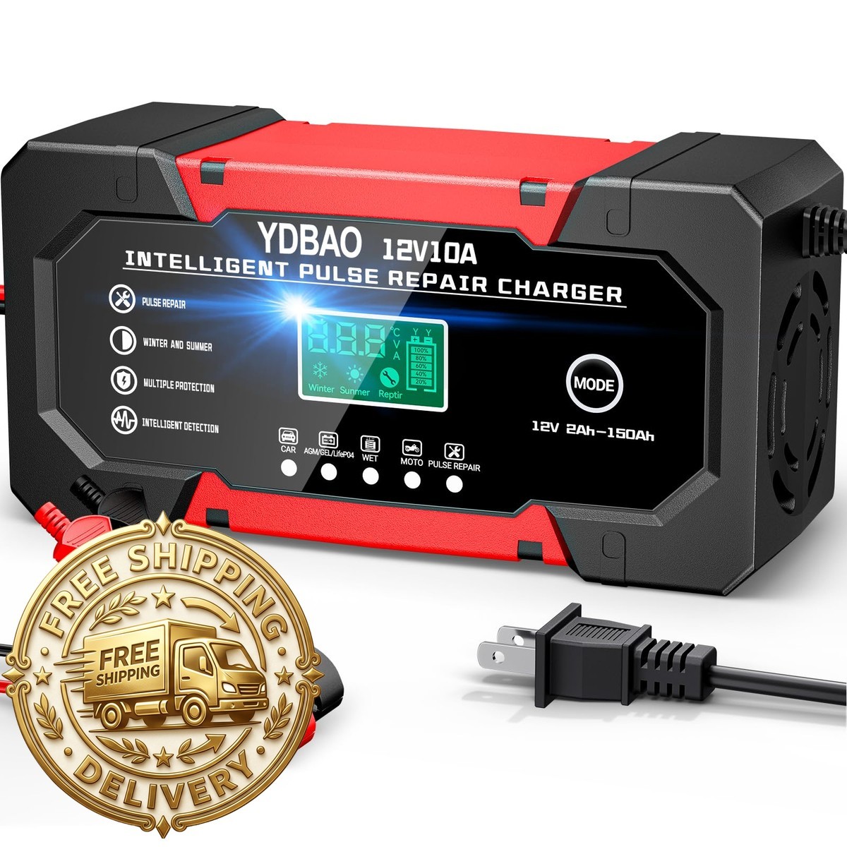YDBAO 12V 10A Smart Car Battery Charger Fully Automatic