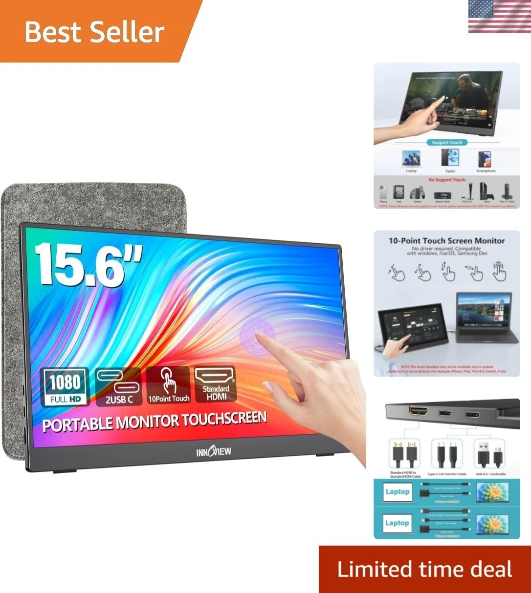 Portable Monitor Touchscreen 15.6" 1080P 10-Point Touch Screen Monitors Porta...
