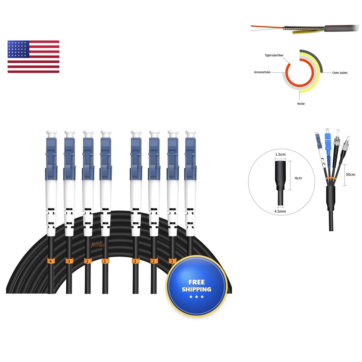 Jeirdus 60M 4 Core LC-LC Outdoor Armored Fiber Optic Cable 9/125 Singlemode