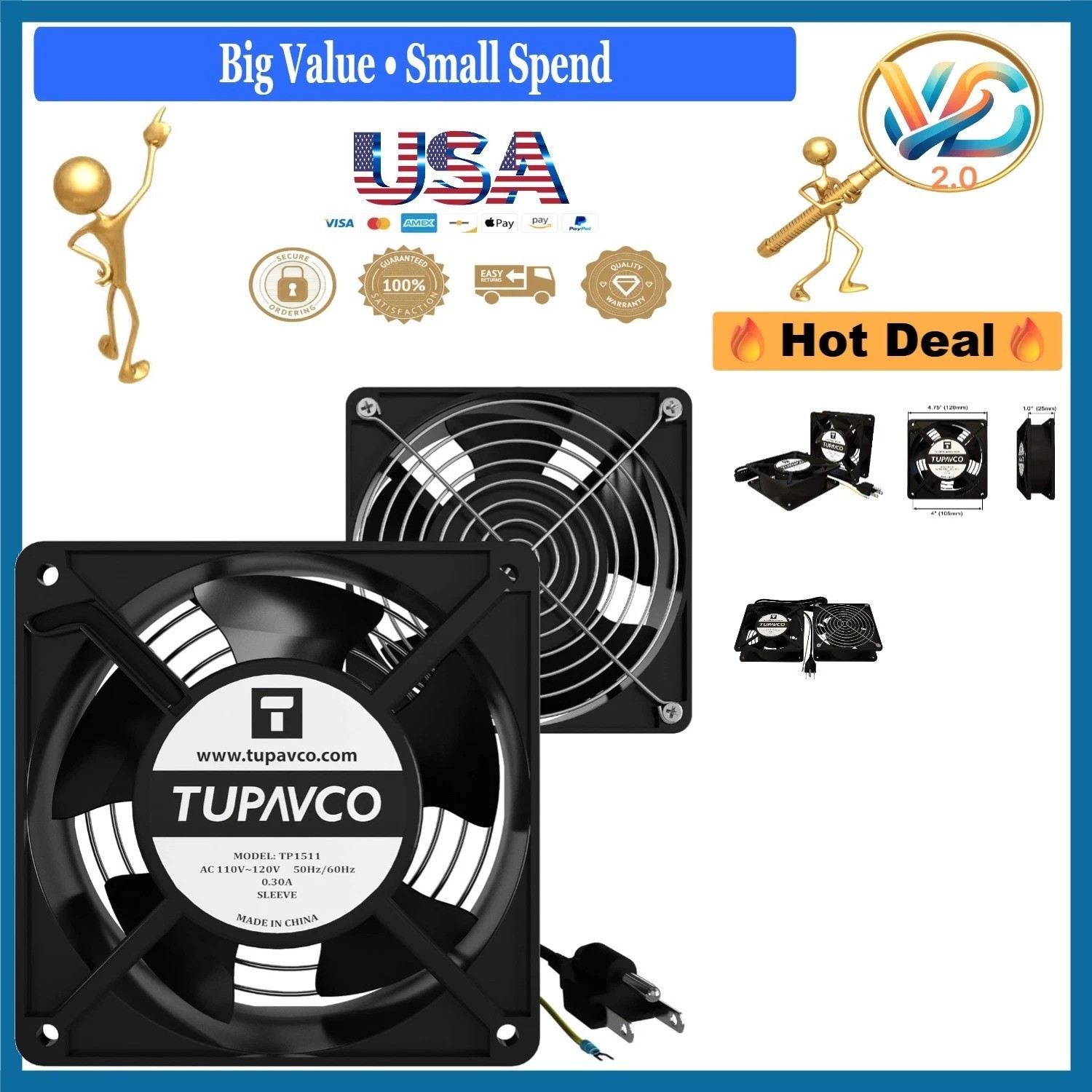 2pc 120mm AC Network Cabinet Fans 110V Server Cooling Aluminum Slim