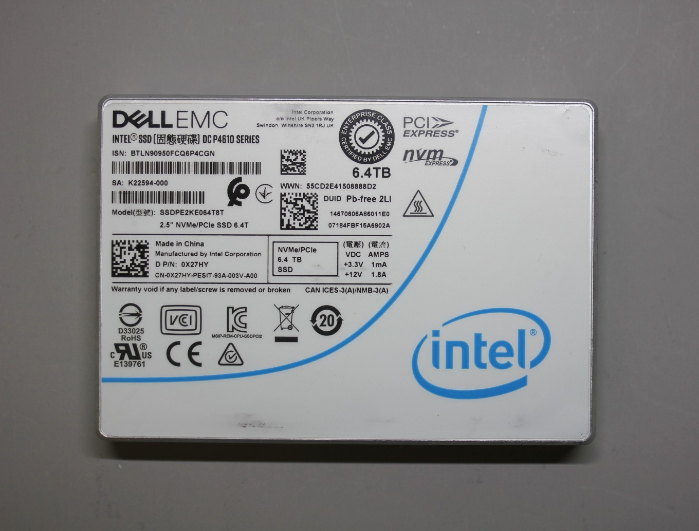DELL EMC Intel DC P4610 Series 6.4TB NVMe SSDPE2KE064T8T 0X27HY 90-99% health
