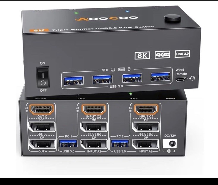 🔥AooCoo Triple Display 3 Monitor KVM Switch 8K @ 60Hz HDMI Display Port