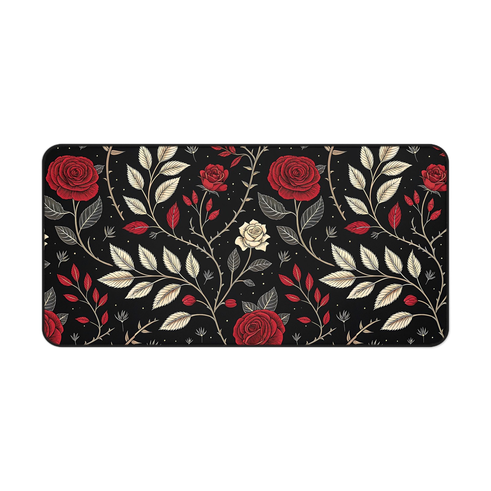 Red Rose Floral Desk Mat | Black Vintage Botanical Deskpad Mousepad