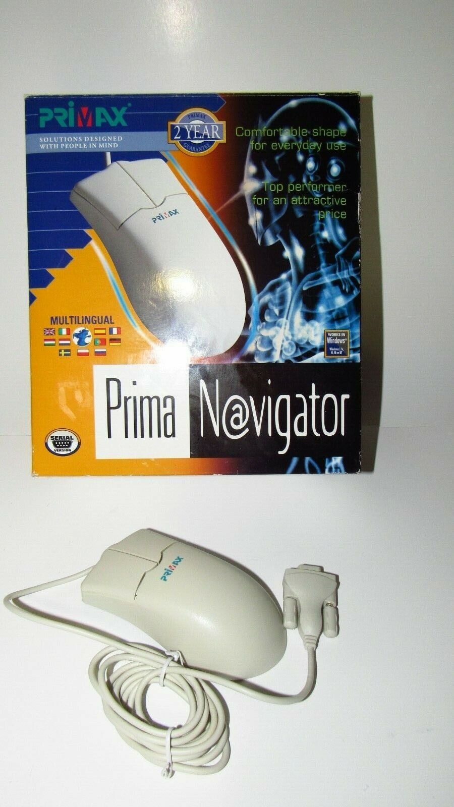 Vintage Primax Prima Navigator Serial Ball Mouse 1998 Big Box Windows 3.1x/95/98