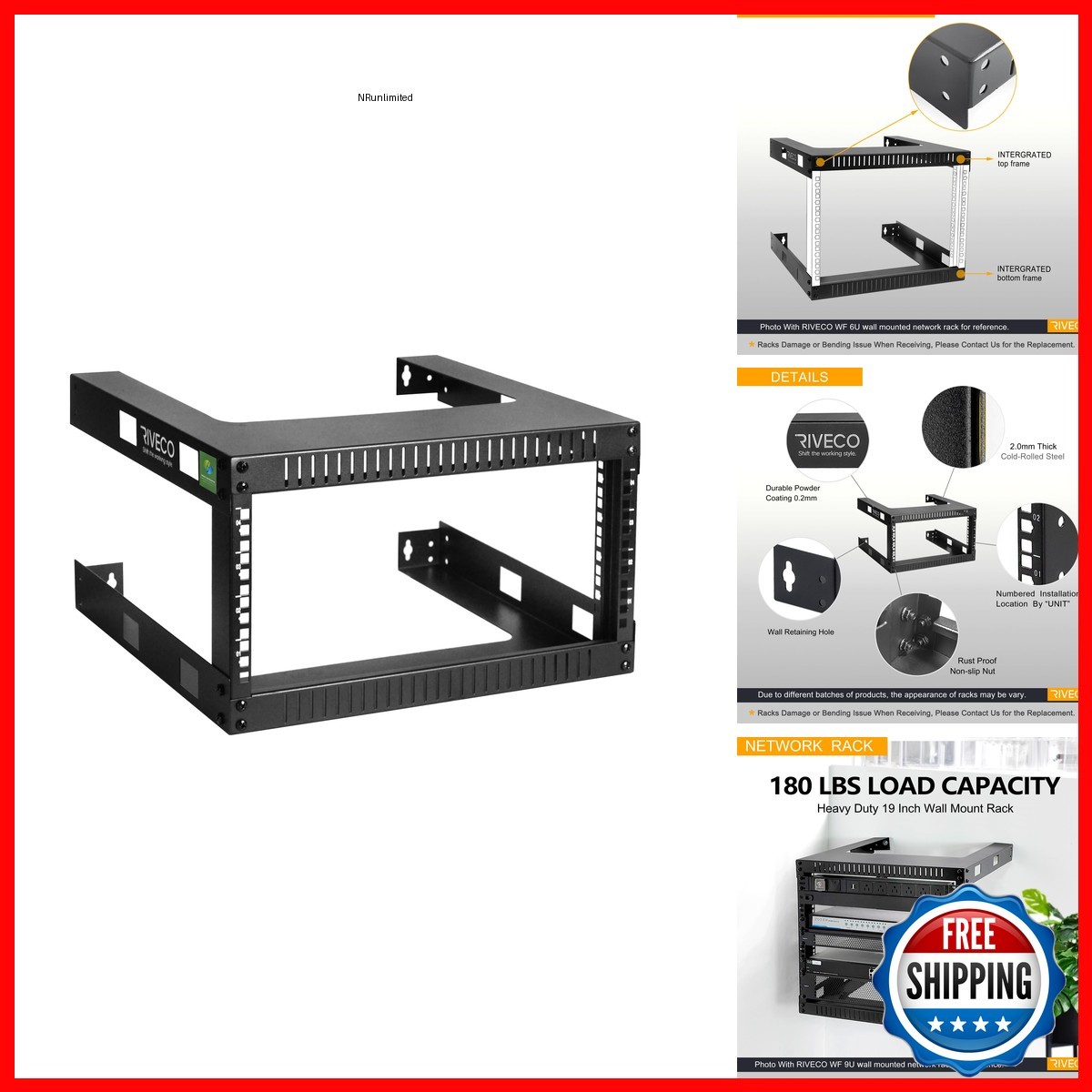 RIVECO WF5404 4U 19" Wall Mount Network Rack 17.7" Deep 2 Post Open Frame