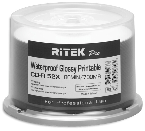 100-Pak RITEK PRO Waterproof GLOSSY White Inkjet Hub 52X 80-Min CD-R's
