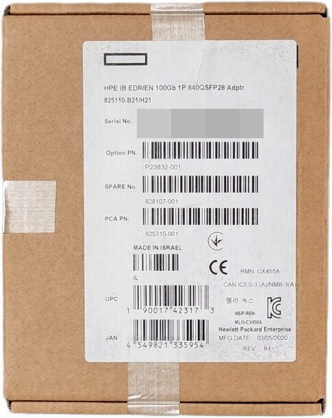 HPE 1P 840QSFP28 Mellanox CX455A 100Gb EDR Infiniband / 100GbE Adapter