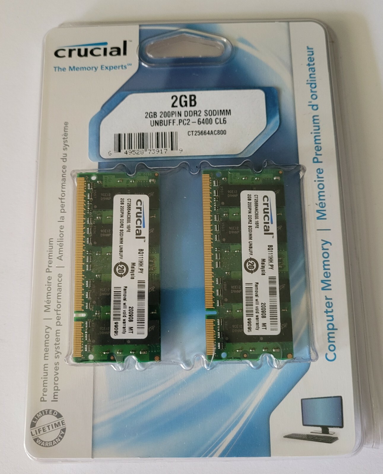 For Crucial 2BG 200Pin DDR2 Sodium Unbuff Memory PC2 6400 CL6 x2 Pack New Sealed
