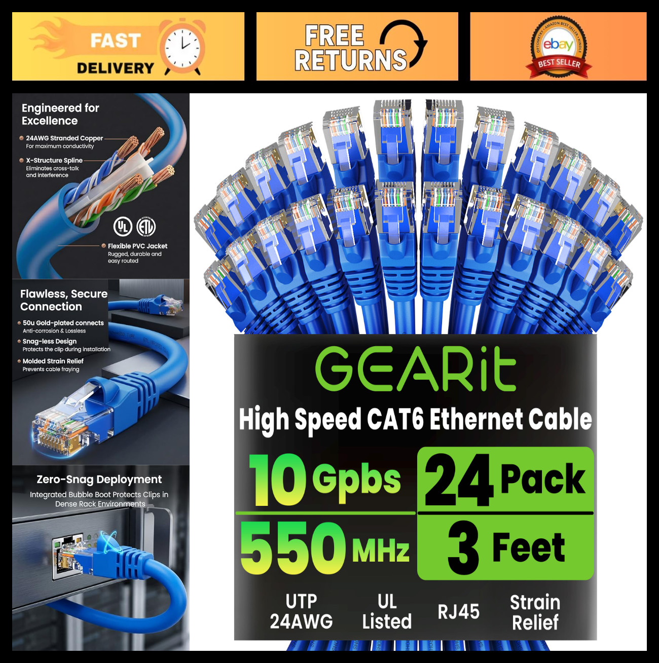 Cat6 Ethernet Cable 3ft - 24-Pack Blue Patch Cables for High-Speed Internet