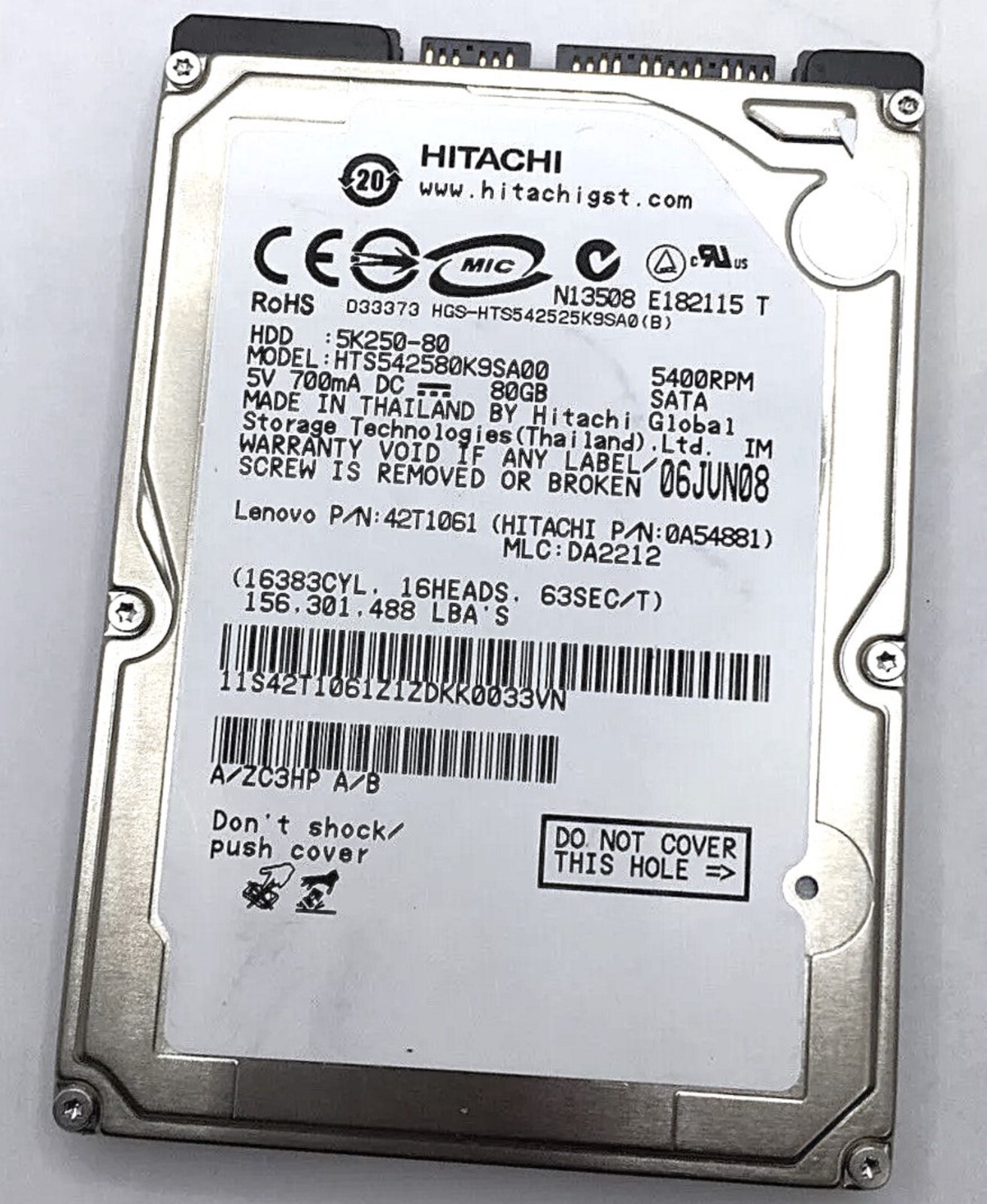 HITACHI 80 GB SATA LAPTOP HARD DRIVE 5400 RPM GOOD SCHOOL SURPLUS