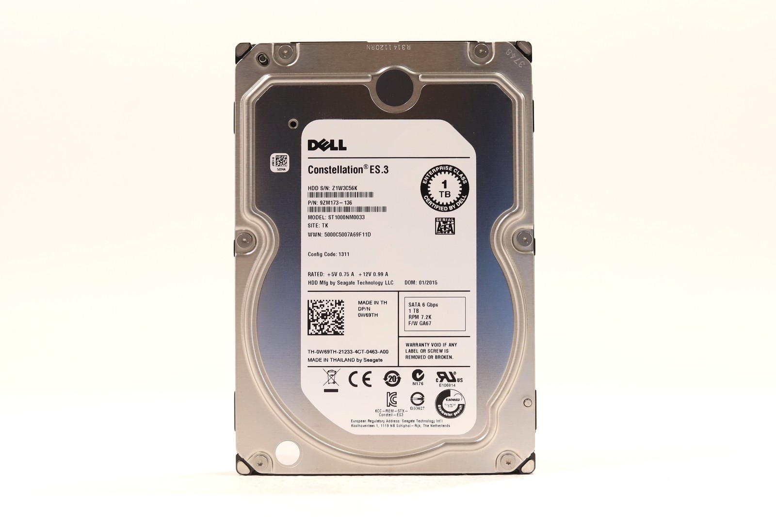 Dell ST1000NM0033 1TB 3.5" 6Gb/s 128MB 7.2K RPM SATA Hard Drive Dell P/N: 0W69TH