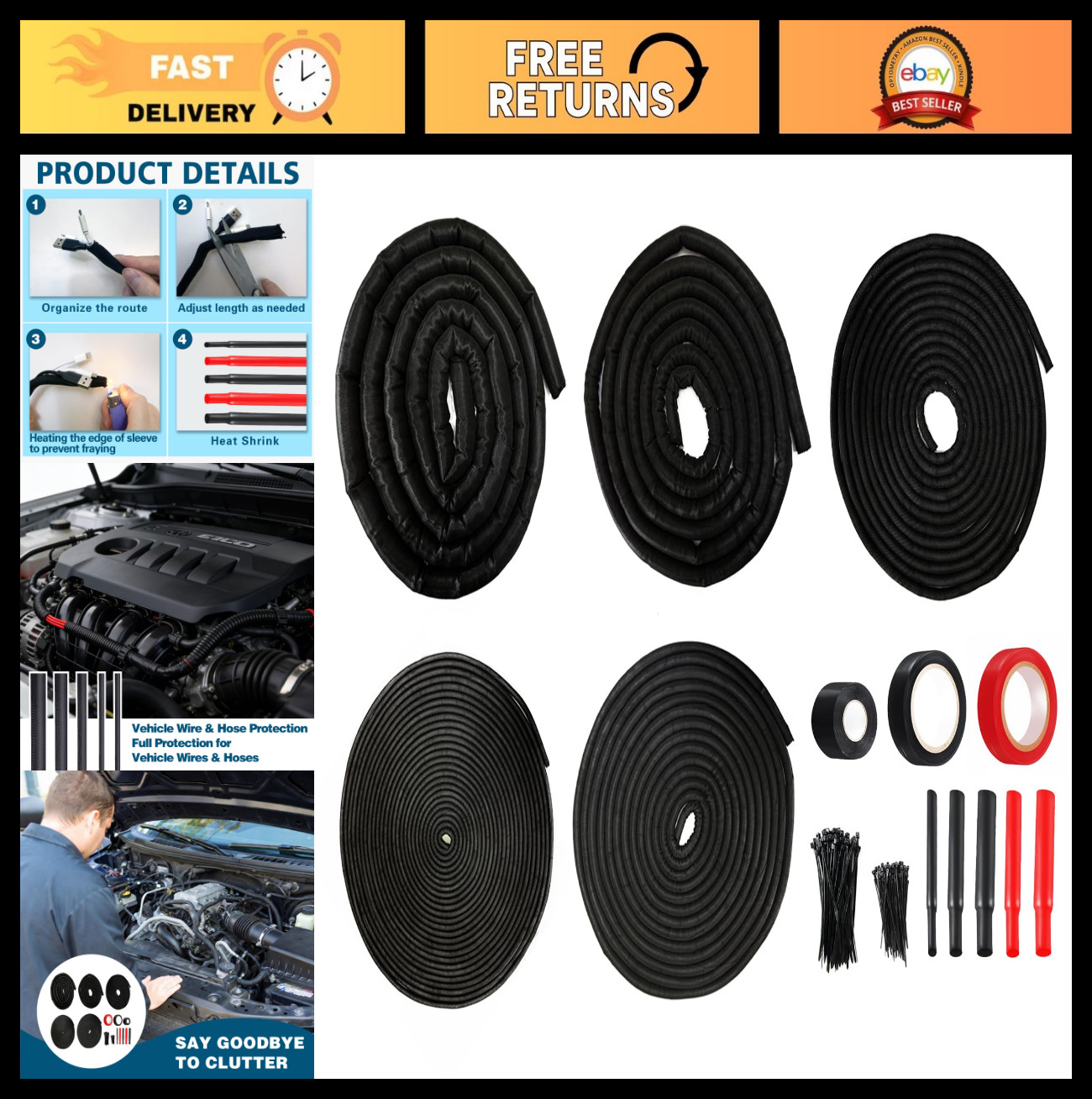 Cable Management Split Wire Loom Kit - High Temp Resistant Tubing, Rodent Proof,