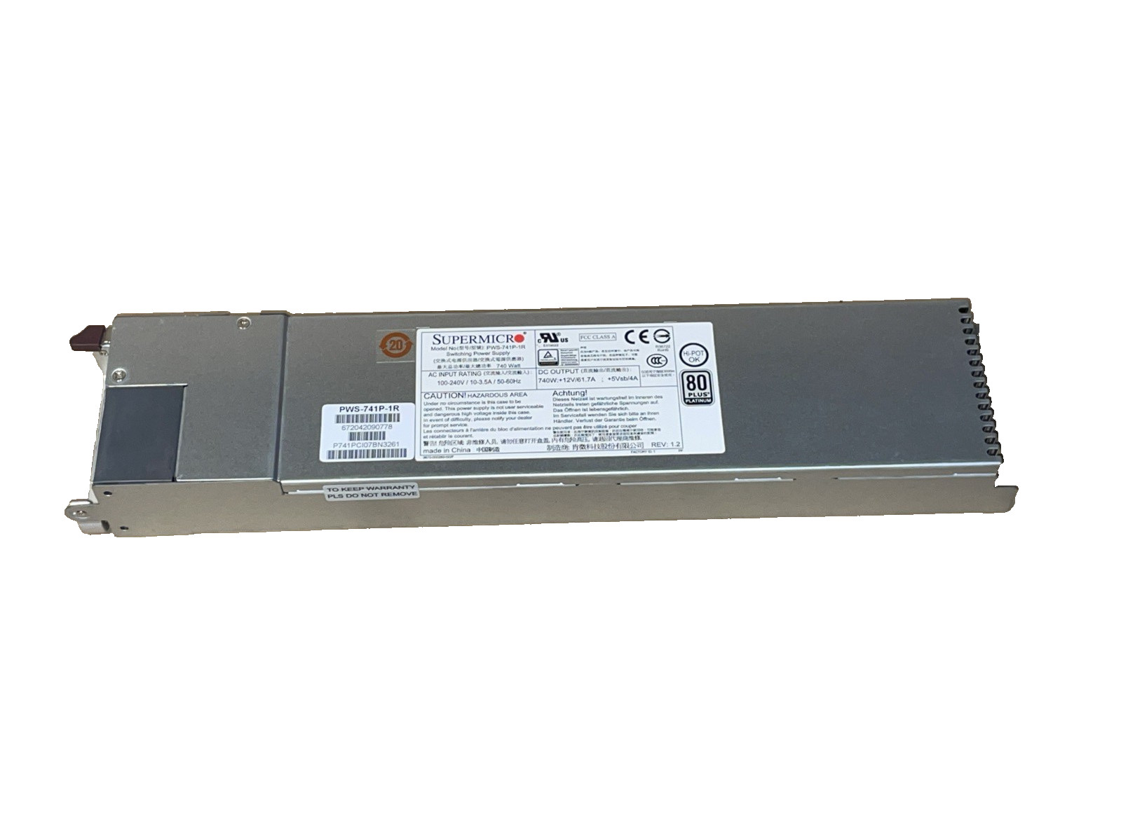 Supermicro PWS-741P-1R 740WATT 1U 80+ PLATINUM 1xFAN HOT SWAP Power Supply