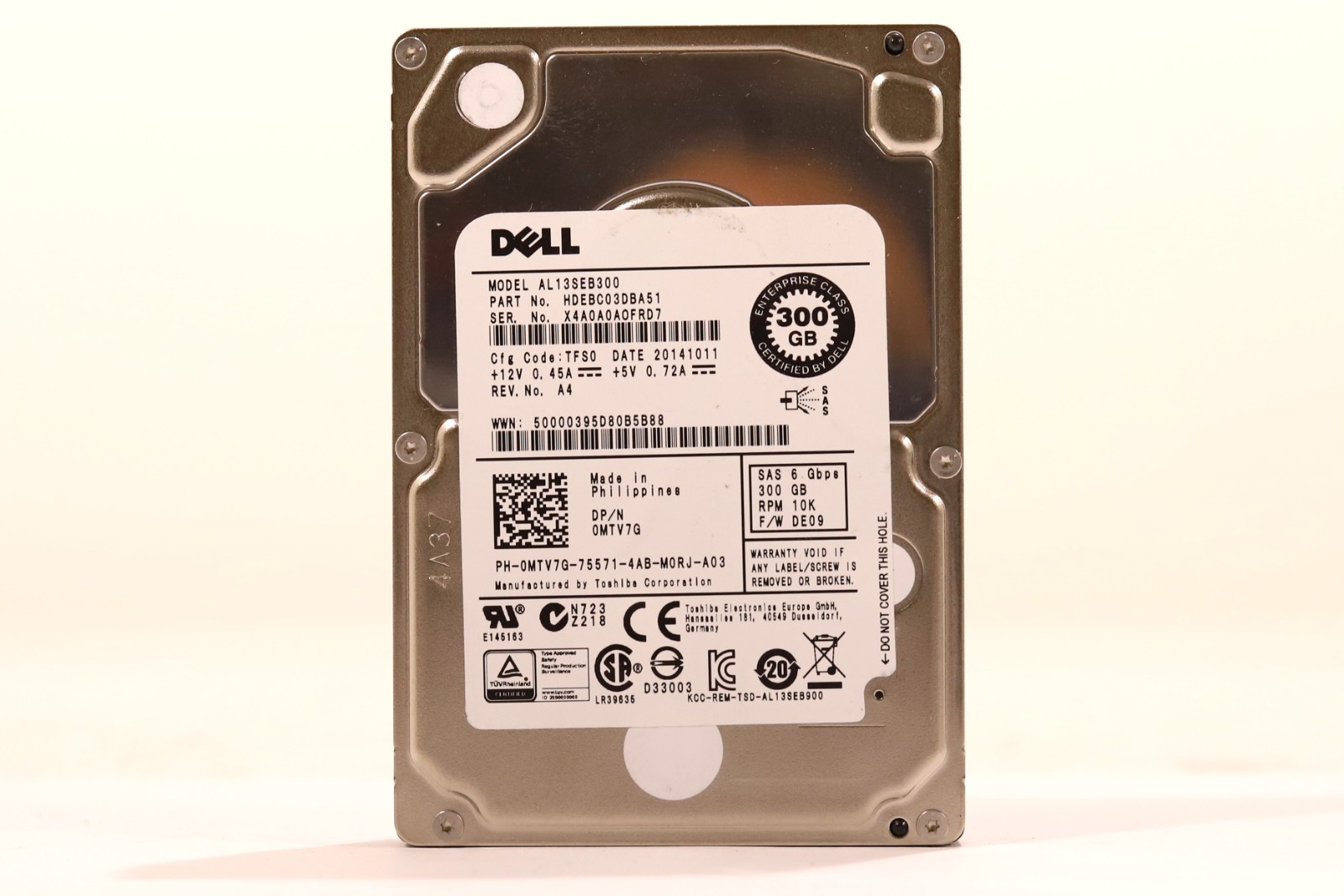 Dell AL13SEB300 300GB 2.5" 6Gb/s 10K RPM SAS Hard Drive Dell P/N: 0MTV7G Tested