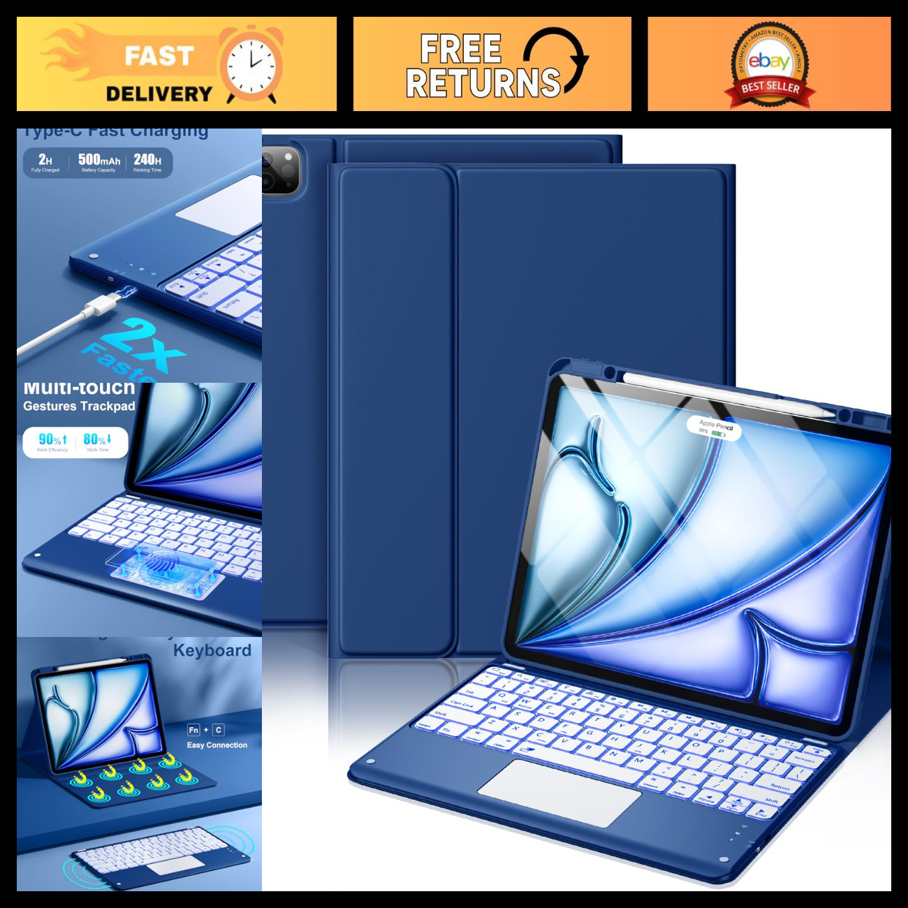 iPad Air 13" & Pro 12.9 Case with Keyboard - 7-Color Backlit, Slim Design