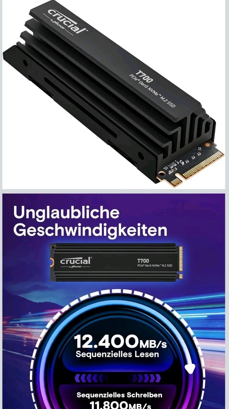 Crucial T700 1TB Gen5 NVMe M.2 Internal SSD - Premium Heatsink, up to 11,700MB