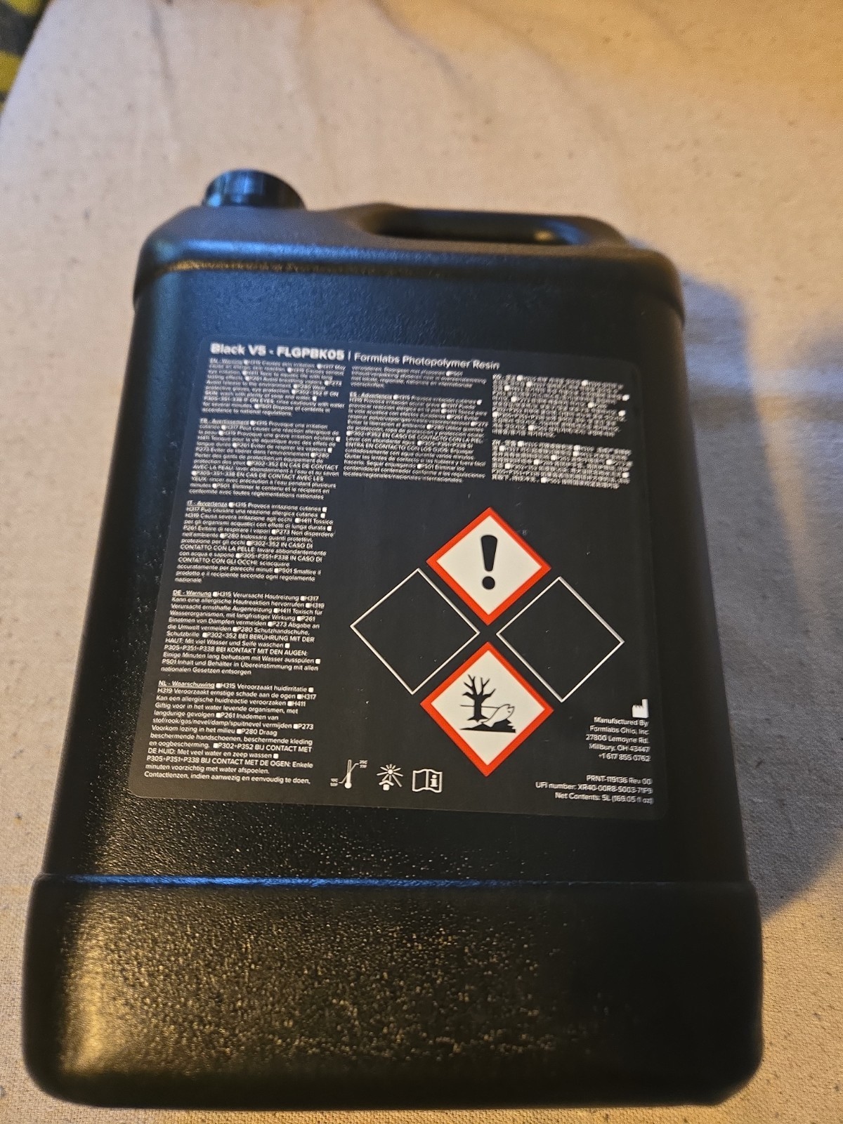 Formlabs Black Resin V5 5L FORMLABS FLGPBK05 BLACK RESIN FIVE LITERS BLK 5 LITRE