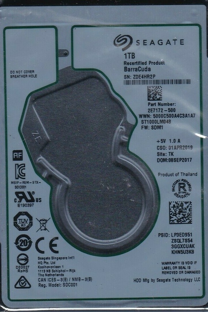 ST1000LM048 p/n: 2E7172-500 f/w: SDM1 TK 2017 s/n: ZDE 1TB SATA 2.5"SEAGATE